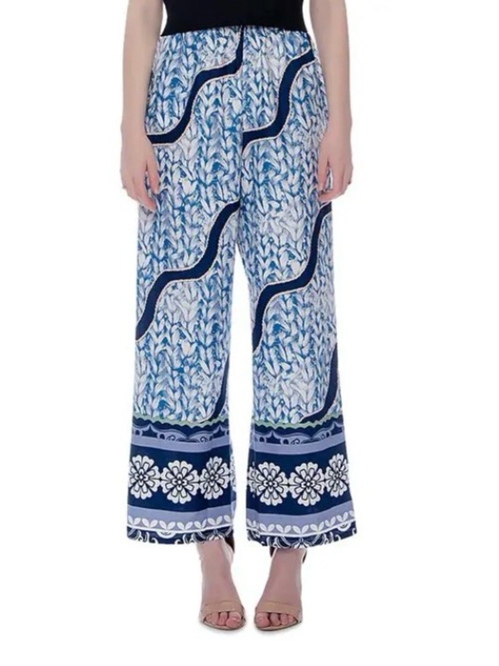 Gracia Navy and White Wide-Leg Printed Palazzo Pants
